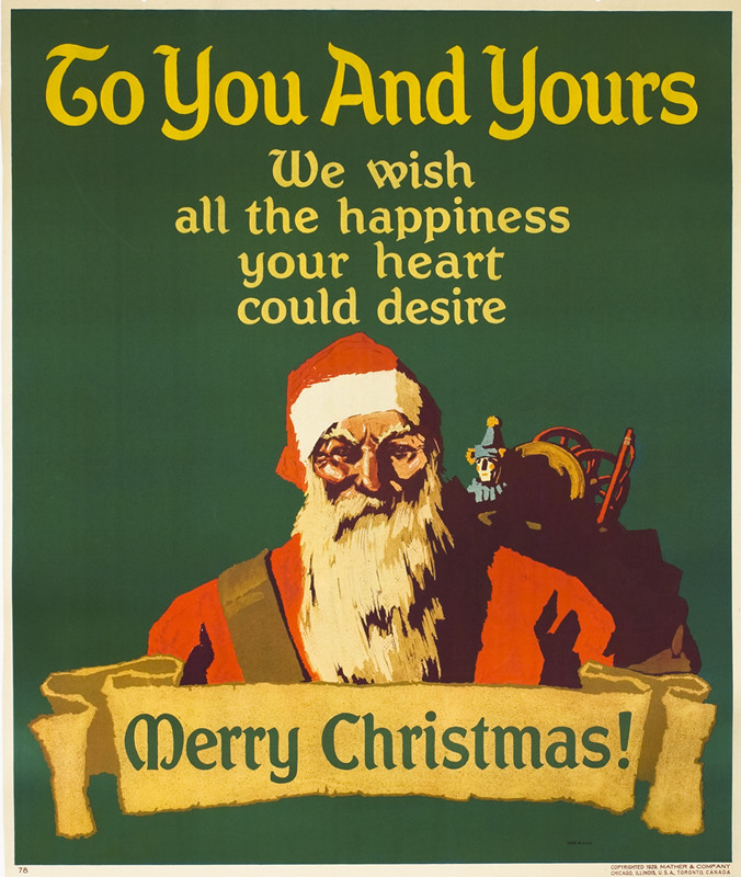 Santa Claus with a sack of toys on his back; yellow, green, red