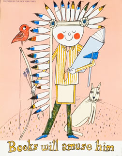 Little boy in American Indian headdress with bow and arrows reads book, bird, dog; pink, blue