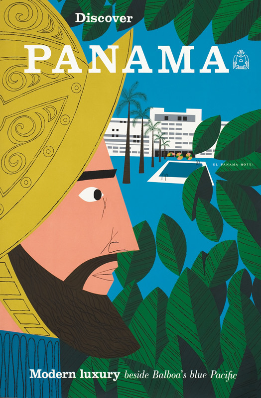 Profile of helmeted conquistador, modern hotel behind; blue, gold, green, peach