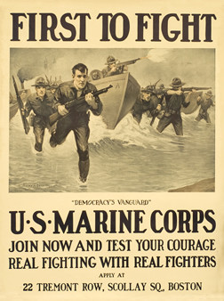 Marines storm beach, some in boats behind, others on shoreline; gray, brown, black, white