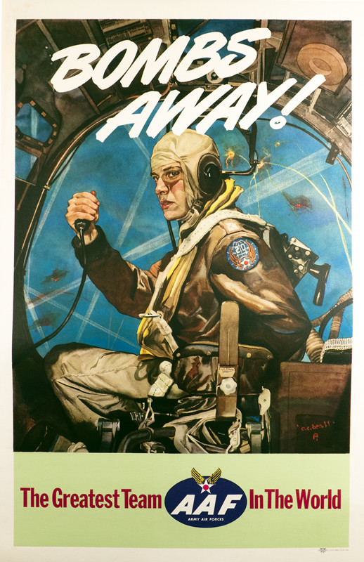 Man in cockpit of plane turning towards us while pressing buttom to fire bombs, windshield shows explosions; blue, brown, green