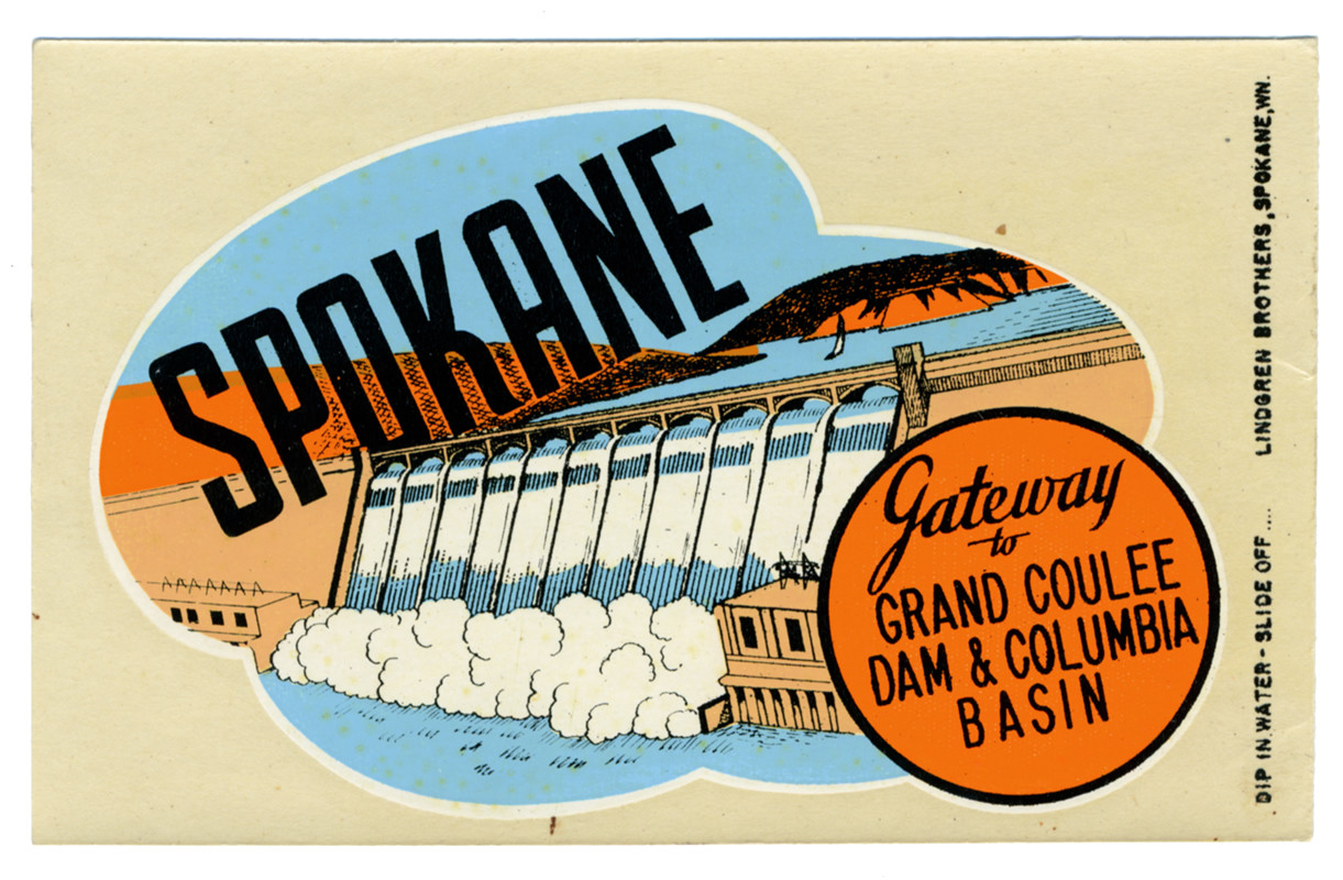 View of the Grand Coulee Dam and Columbia Basin; blue, orange, black, white