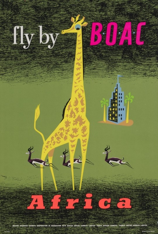 Giraffe watches antelopes run with resort in background; green, yellow, black, pink