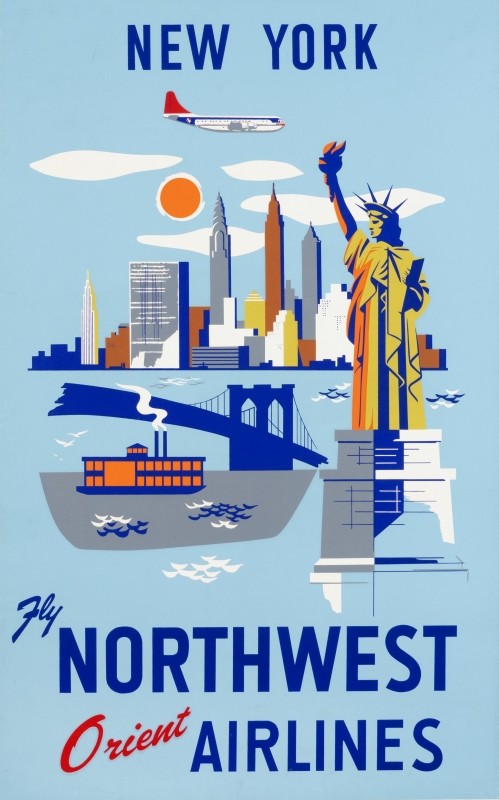 Statue of Liberty with skyline, plane overhead, Brooklyn bridge, Staten Island Ferry; blue, green, orange