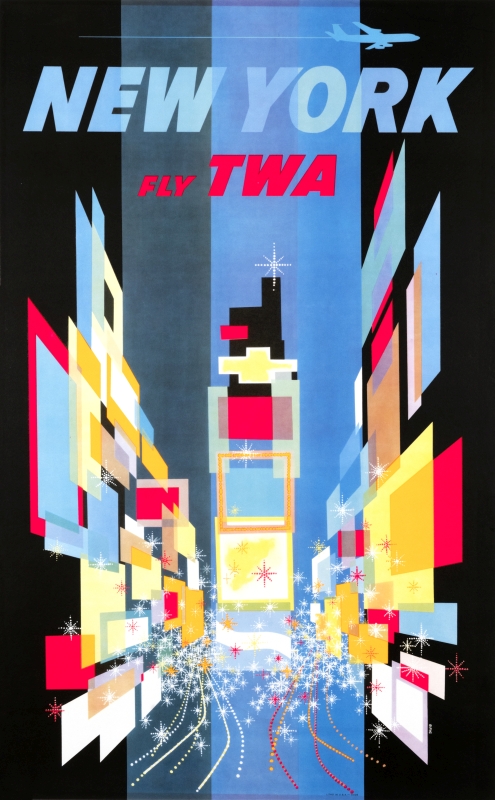 The bright lights and billboards of Times Square; black, pink, yellow, blue, purple