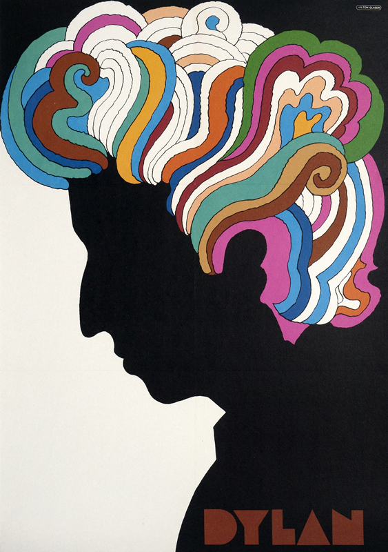 Bob Dylan with rainbow curls of hair; black, red, green, blue