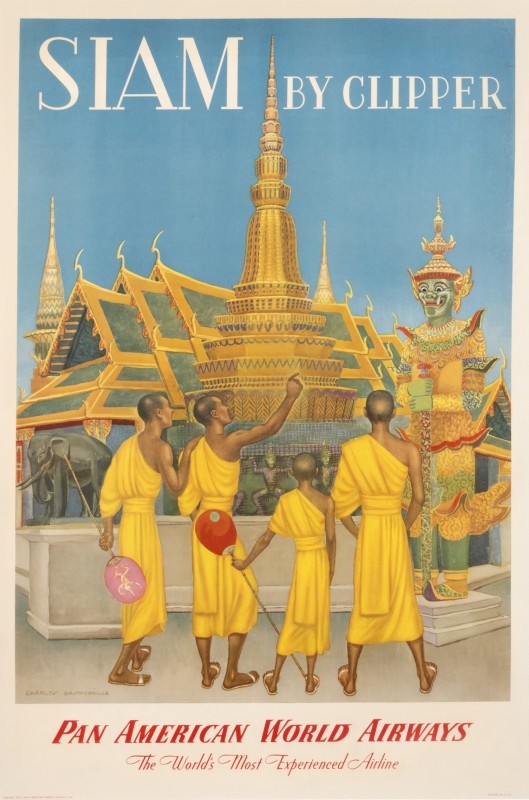 Four men admiring golden temple in Thailand and statuary; blue, yellow