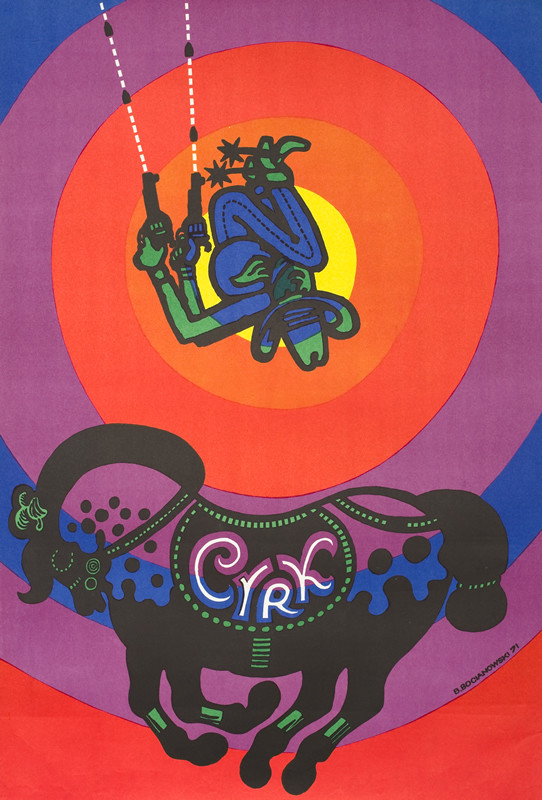 Cowboy does somersault over horse with guns firing; purple, red, blue, green