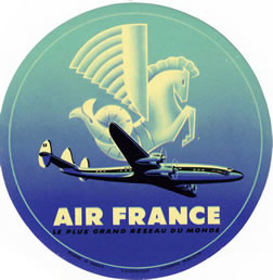 Constellation plane flying, pegasus logo behind; blue, black, white