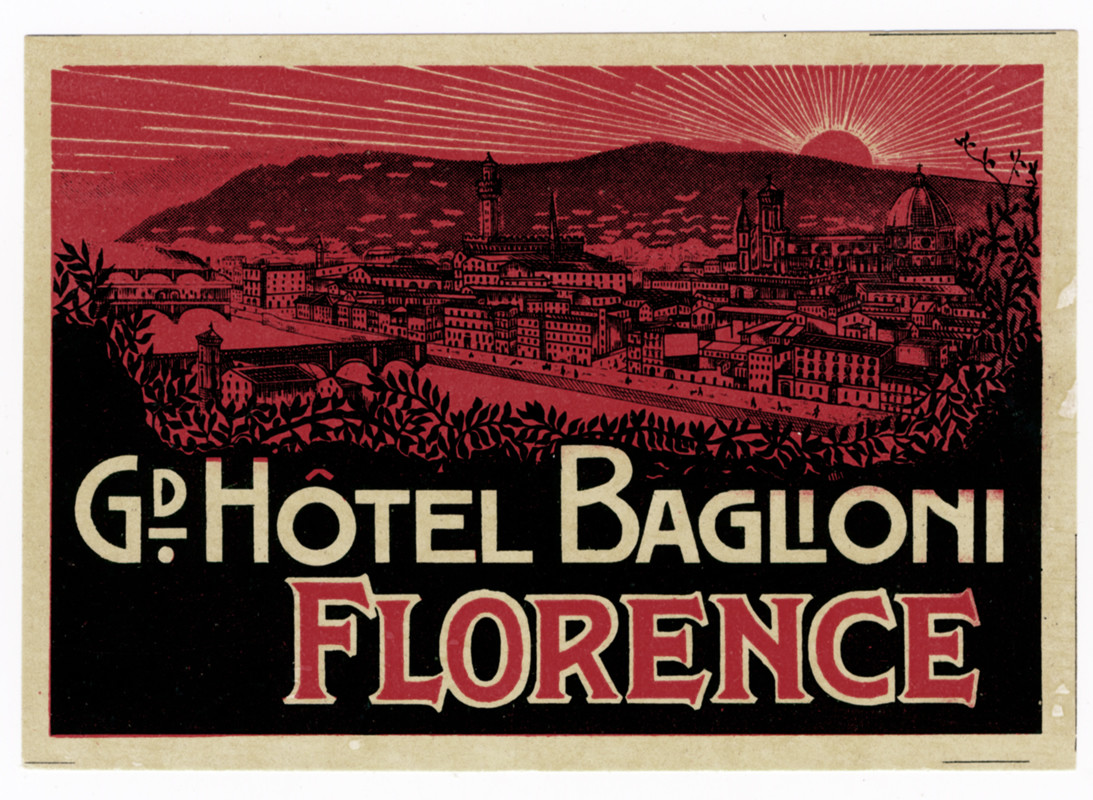 Scenic sunset view of Florence's Ponte Vecchio; red, black, white
