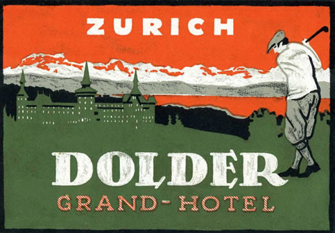 Golfer mid-swing on links with hotel, mountain and lake in background; orange, green, gray, black