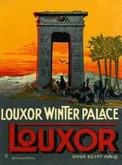 Ancient Egyptian archway, camels and riders; red, yellow, gray