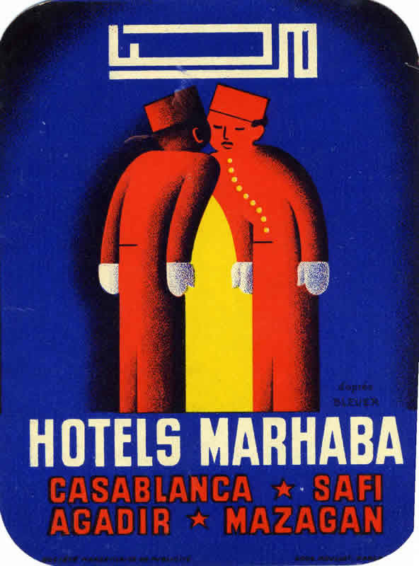 Two stylized porters lean toward each other; blue, red, yellow