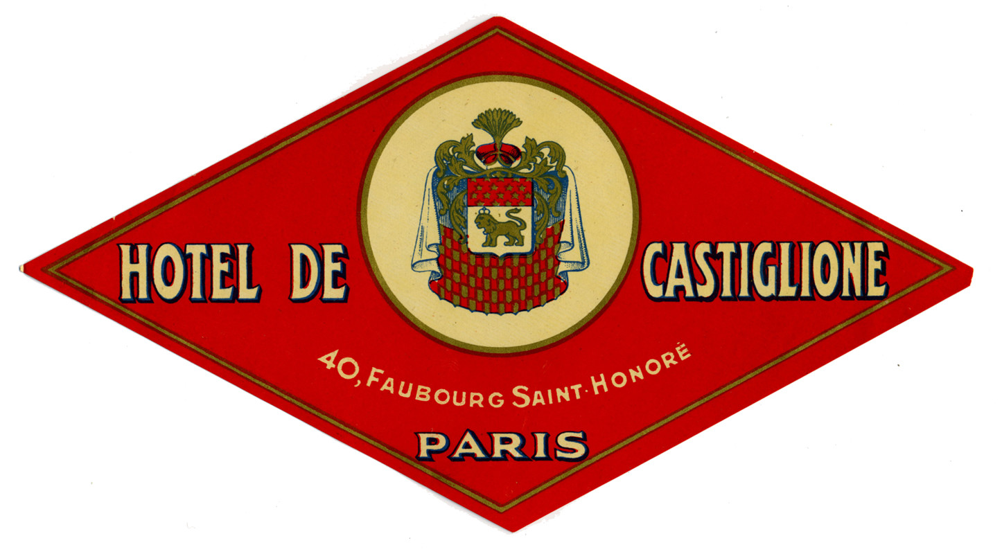 diamond in shape with crest of hotel in center; red, white, gold, blue