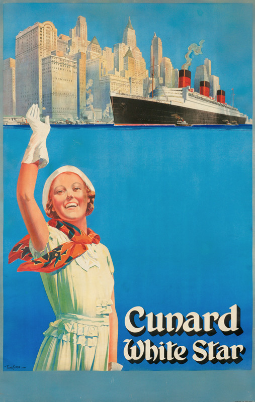 Ocean liner Queen Mary and New York skyline with woman waving; blue, green, red
