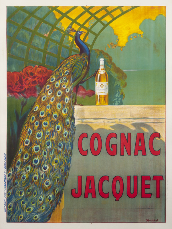 peacock & bottle in garden; green, blue, red, gray, yellow