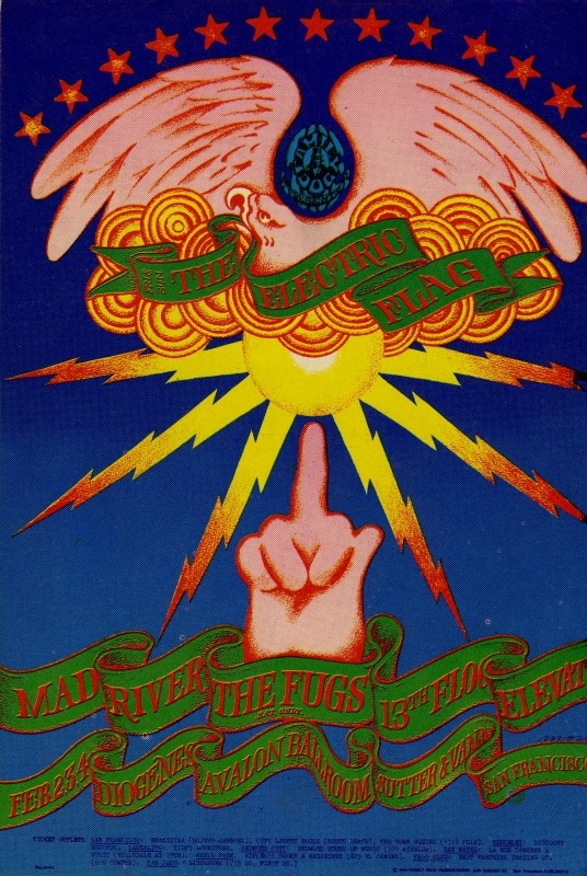 middle finger, flying eagle, script; blue, purple, pink, green, neon