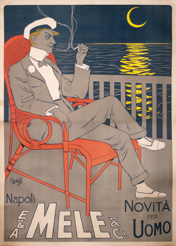 elegant seated man on the Bay of Naples smokes cigarette; red, gray, blue, yellow