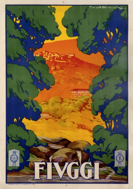 Mountain scene behind trees; orange, green, yellow, blue