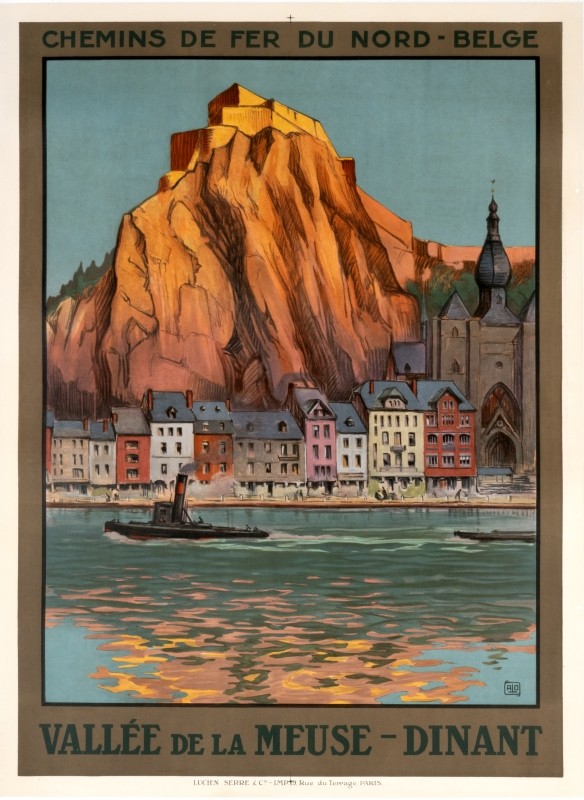 View of mountain, citadel and town above Meuse Rriver in Belgium with tugboat; blue, orange, brown