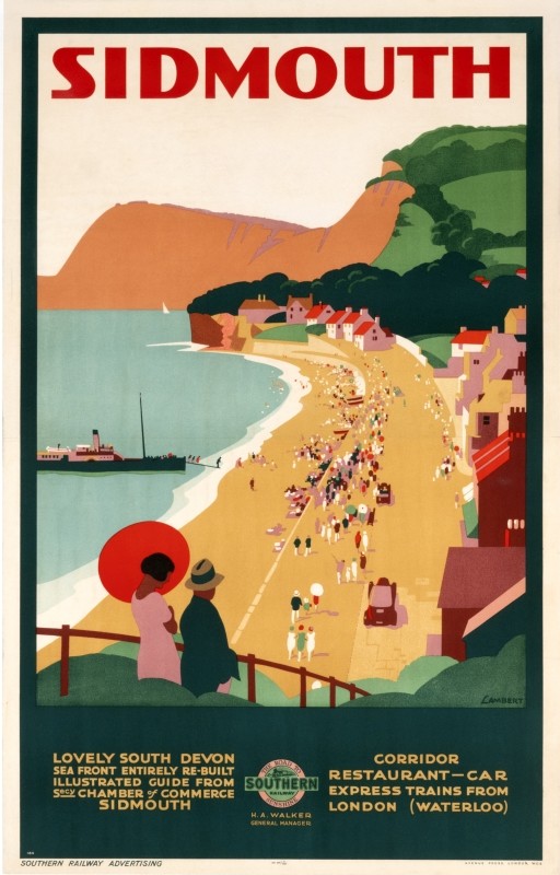 Beach and waterfront at Sidmouth near Devon; red, green, blue, brown