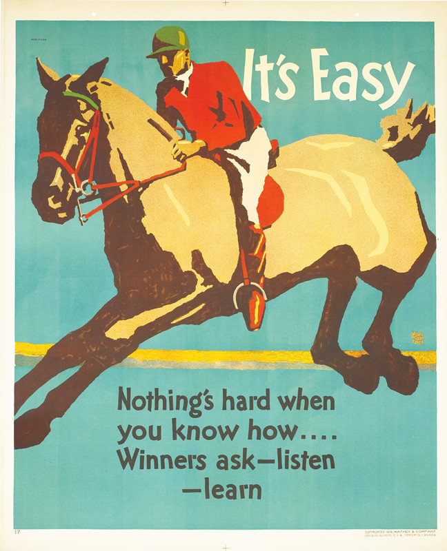 Equestrian horse and rider leap over a jump; blue, red, brown