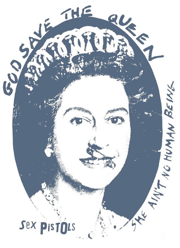Punk portrait of Queen Elizabeth II with safety pin across mouth; blue, white