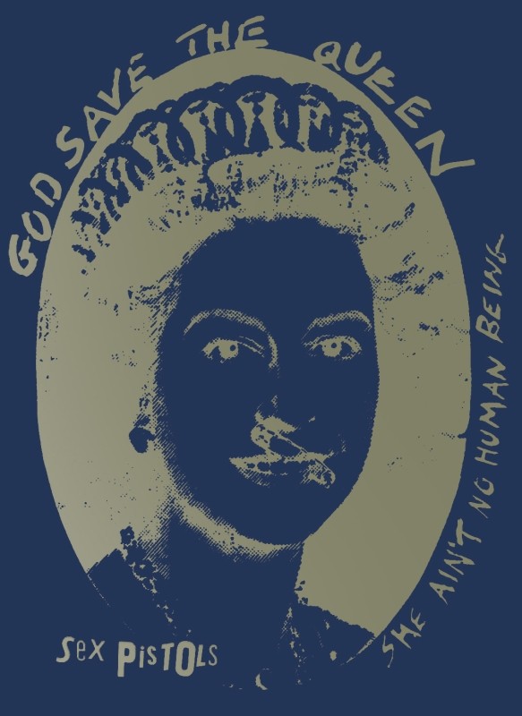 Punk portrait of Queen Elizabeth II with safety pin across mouth; navy, gold