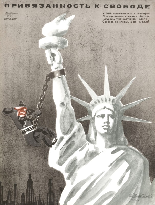 Statue of Liberty with an FBI agent shackled to it; grey, black, white