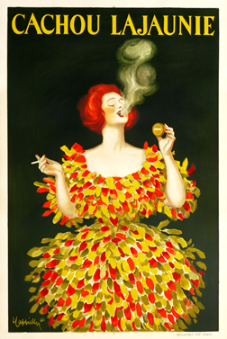 Woman in feathery dress exhales cigarette smoke, holds tin of mints; green, yellow, red
