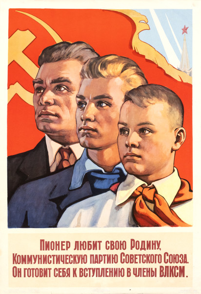 Boy, youth, man in front of Soviet flag; red, blue, pink