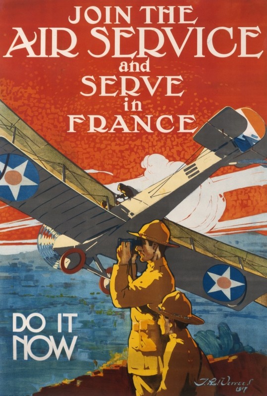 Bi-plane dives behind knoll where 2 soldiers look out with binoculars; red, blue, beige