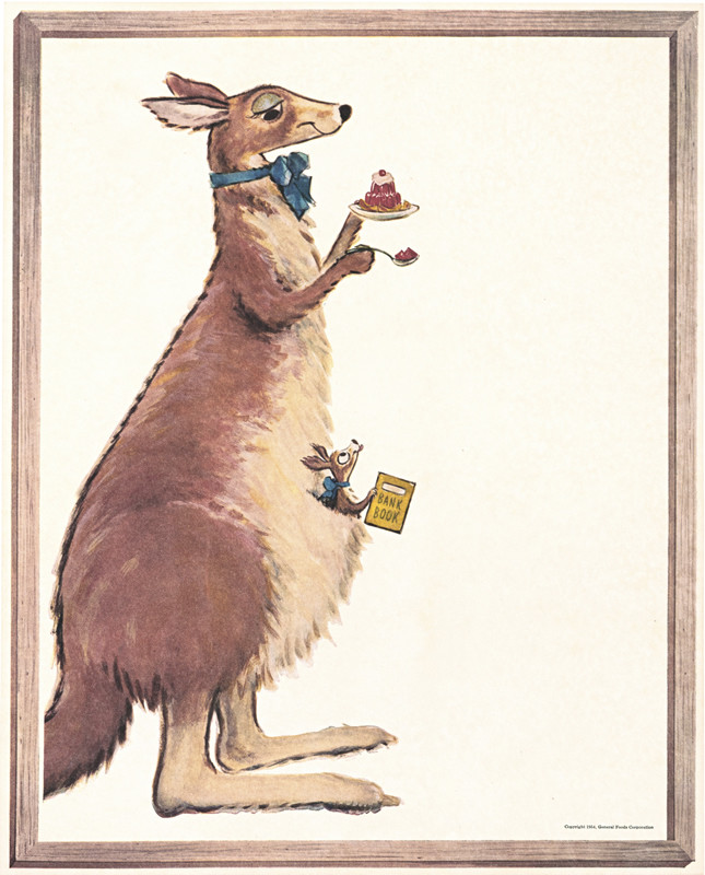 Kangaroo with baby and jello; yellow, red