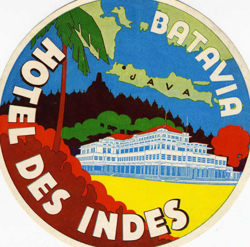 View of hotel, landscape, palm trees, map of Java; red, blue, yellow