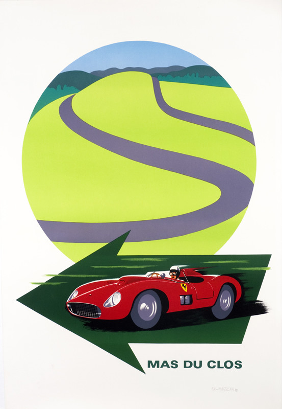 Ferrari speeds down curving road; red, green, gray