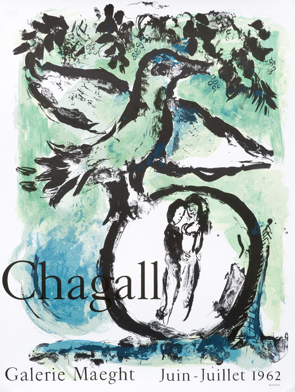 Bird resting on circle with couple embracing; green, blue, black