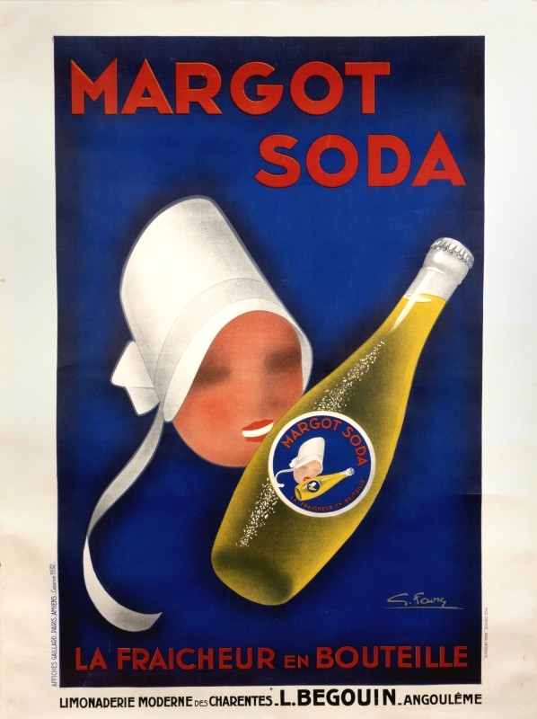 Abstract composition of soda bottle and head of woman wearing bonnet; blue, yellow, red