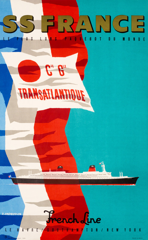 Ocean liner SS France with French flag; rew, blue, green