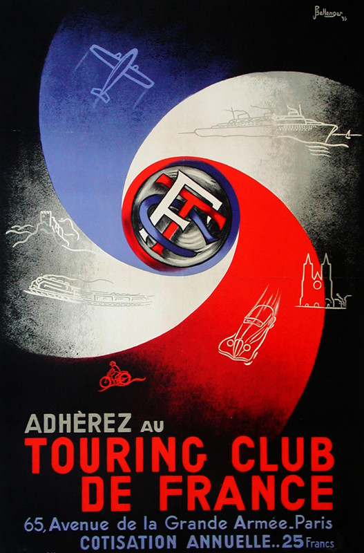 Planes, trains, ocean liners from a swirling logo; red, blue, black