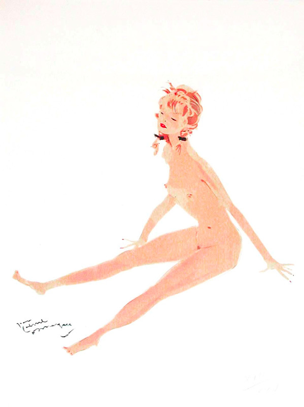 Playful seated nude with blond pigtails; tan, brown
