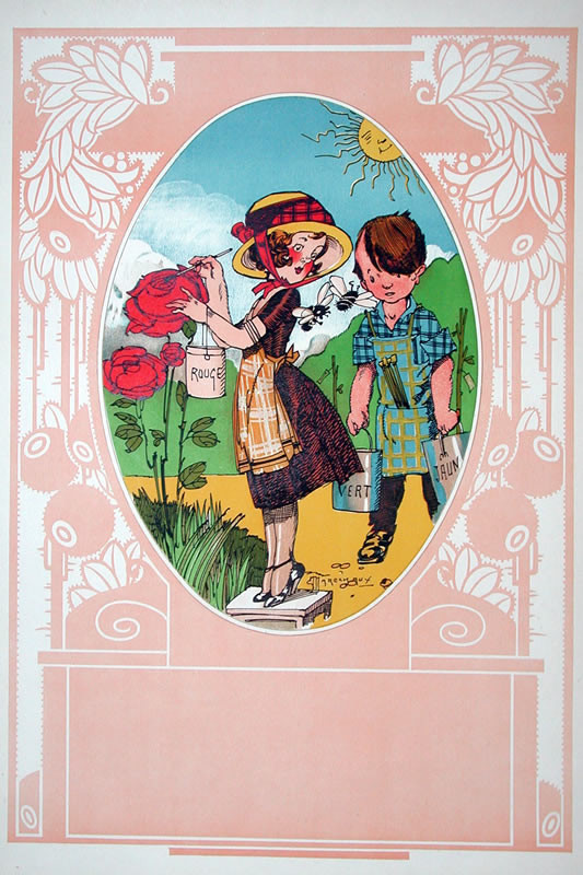 Girl in hat paints roses, boy stands by with paint, bees; pink, green, red, pastel