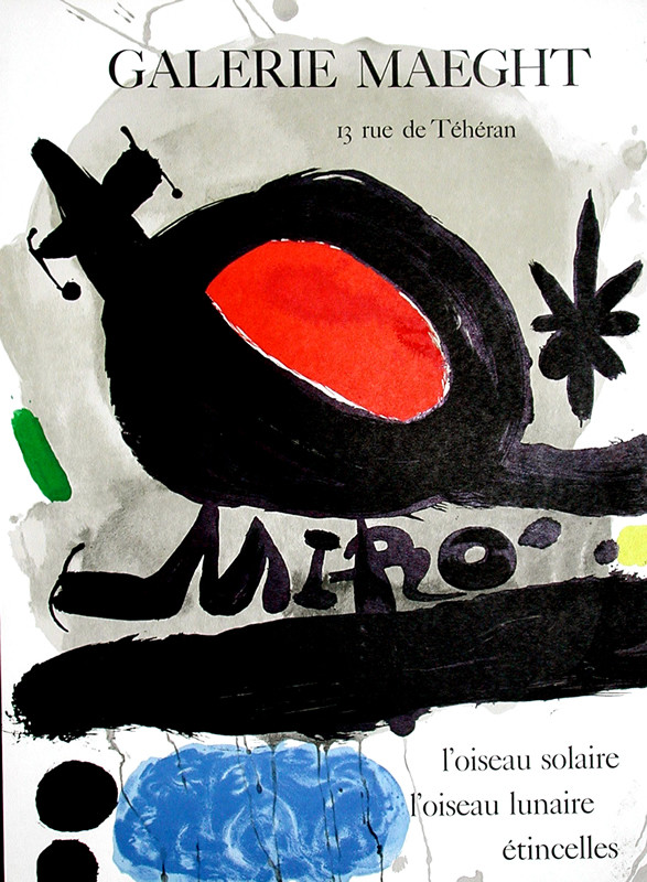 abstract bird with Miro's name under; black, red, blue, gray