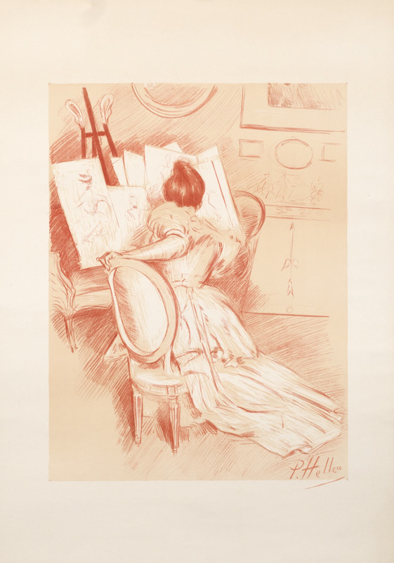 Woman examines prints in gallery; orange