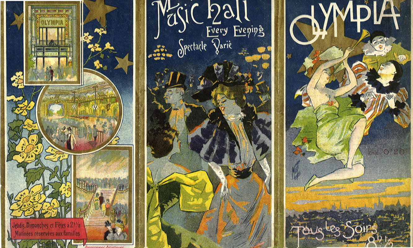 Tri-fold, figures in evening dress flanked by thumbnails of theater and clowns flying above Paris; blue, green, black, yellow, gold