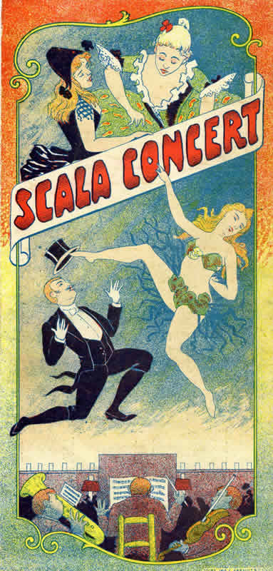 trifold, Woman in fig leaves kicks top hat off man's head; blue, green, red