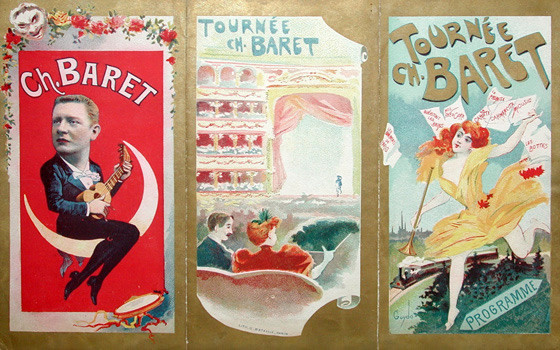 Trifold, guitarist on crescent moon, couple in audience, woman with trumpet; red, yellow, gold