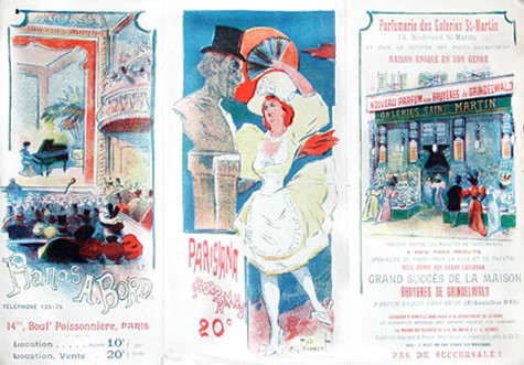 Trifold, dancing woman waves fan at bust of man with tophat and monocle; red, yellow, blue