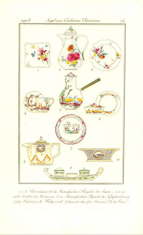 nine images of porcelain dishware, plates, and serving pieces; pink, blue, green