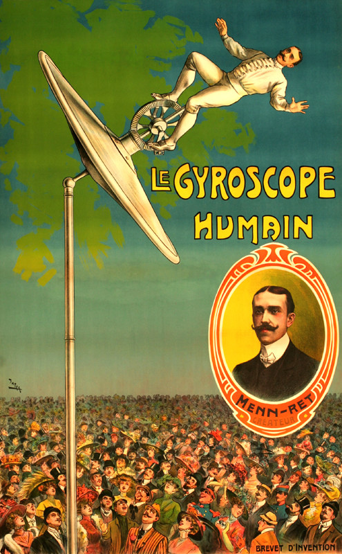 man pedals on gyroscope above crowd of spectators; blue, green