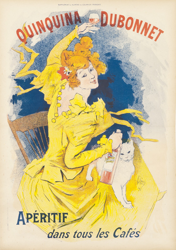 Girl with white cat lifts glass of aperitif; yellow, blue,  orange